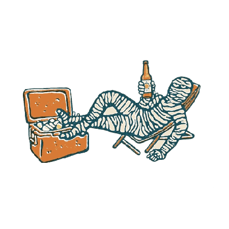 The Slow Life mummy, reclining with a beer by his cooler